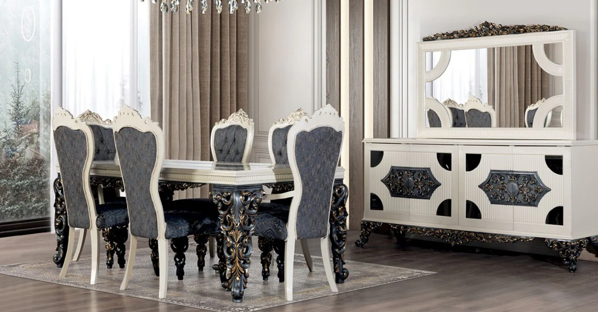 Luxus Barock Esszimmer Set Blau / Weiß / Bronze / Gold - 1 Barock Esstisch & 6 Barock Esszimmerstühle - Barock Esszimmer Möbel - Luxus Möbel im Barockstil - Edel & Prunkvoll