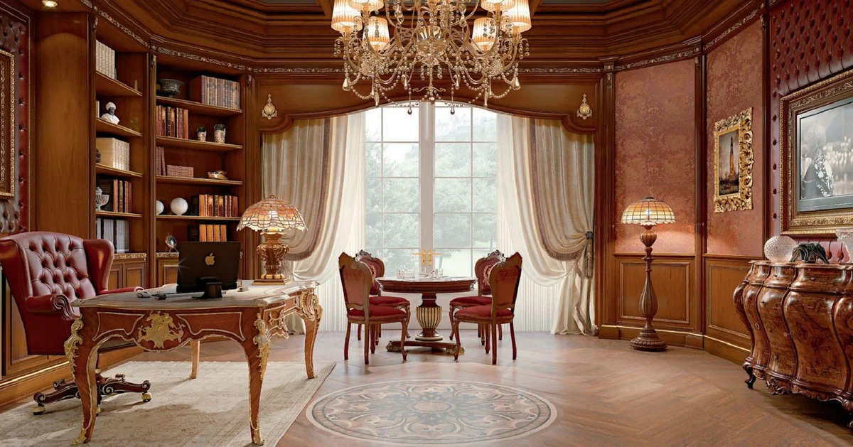 Luxus Barock Chesterfield Bürostuhl Bordeauxrot / Braun / Gold - Höhenverstellbarer Schreibtischstuhl mit Echtleder - Büromöbel im Barockstil - Luxus Qualität - Made in Italy