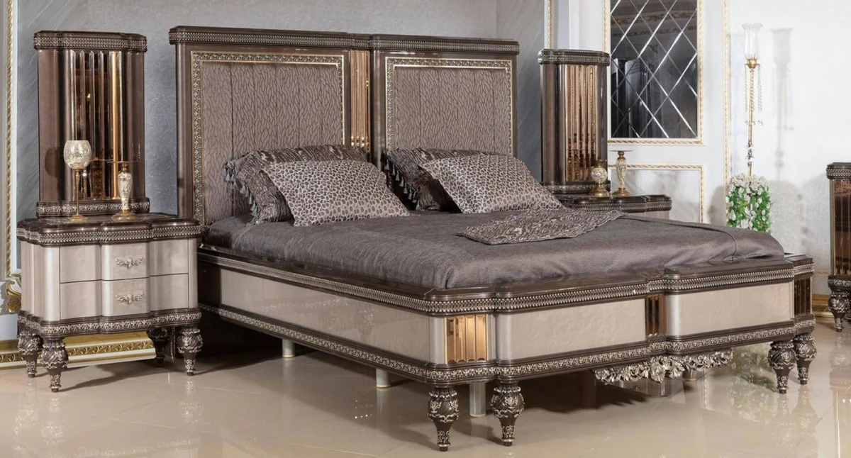 Luxus Barock Schlafzimmer Set Grau / Dunkelbraun / Gold - 1 Barock Doppelbett mit Kopfteil & 2 Barock Nachtkommoden - Luxus Schlafzimmer Möbel im Barockstil - Barock Interior