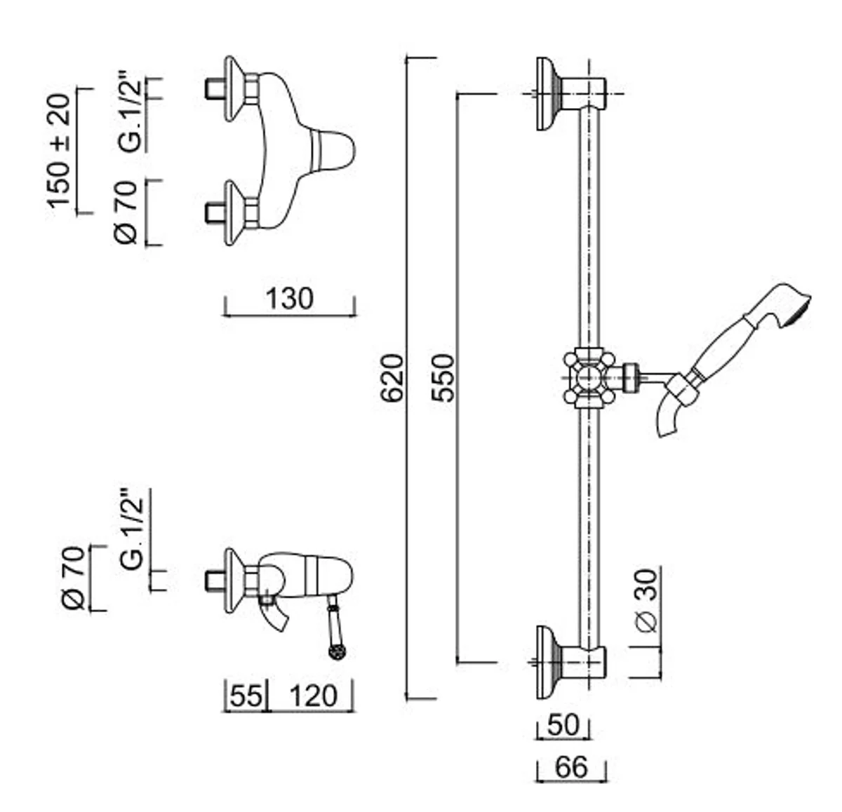 Luxus Aufputz-Einhebelbrausebatterie mit Swarovski Kristallglas Silber - Badezimmer Brauseset mit Brausestange