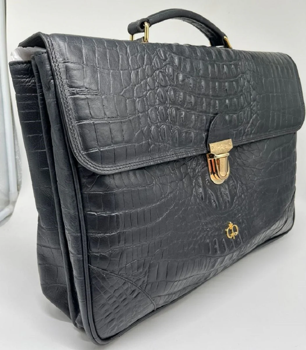 Luxus Echtleder Herren Aktentasche in Kroko Optik Schwarz / Gold 42 cm - Made in Italy