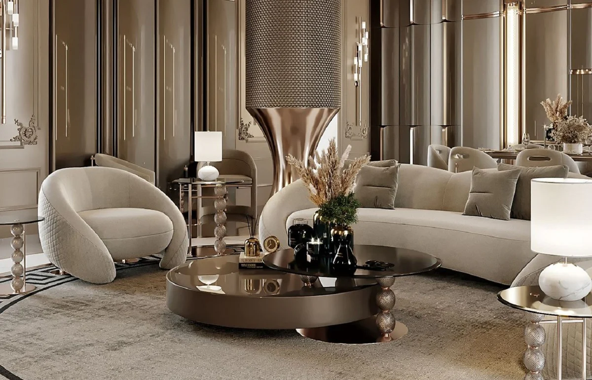 Luxus Beistelltisch Kupfer / Schwarz Ø 57 x H. 60,5 cm - Runder Metall Tisch mit Glasplatte und dekorativen Glaskugeln - Wohnzimmer Möbel - Hotel Möbel - Luxus Möbel