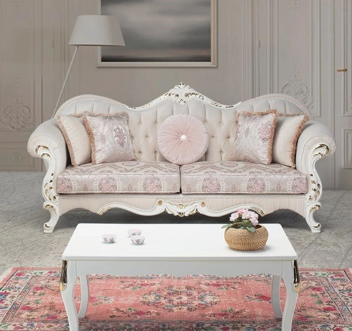 Luxus Barock Couchtisch Weiß / Gold 91 x 63 x H. 42 cm - Massivholz Wohnzimmertisch im Barockstil - Barock Wohnzimmer Möbel