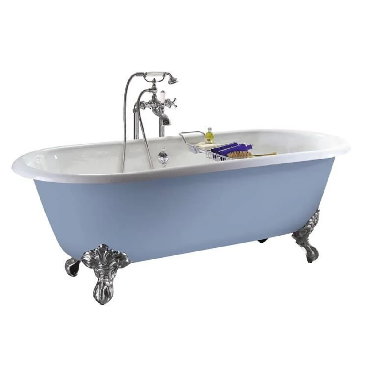 Luxus Gusseisen Badewanne Hellblau-grau / Weiß 154 cm - Gebogene freistehende Badewanne - Barock & Jugendstil Badezimmer Möbel