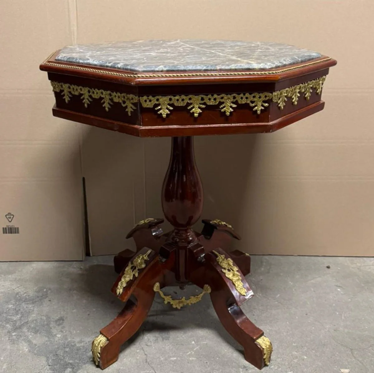 Barock Beistelltisch mit Marmorplatte Braun / Gold / Grau H. 80 cm