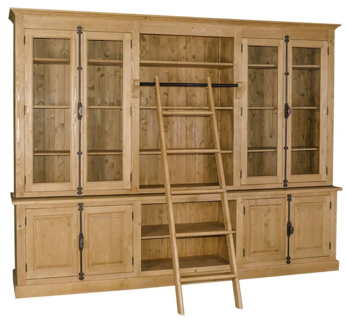 Landhausstil Bücherschrank mit Leiter Naturfarben 300 x 50 x H. 230 cm - Landhausstil Möbel