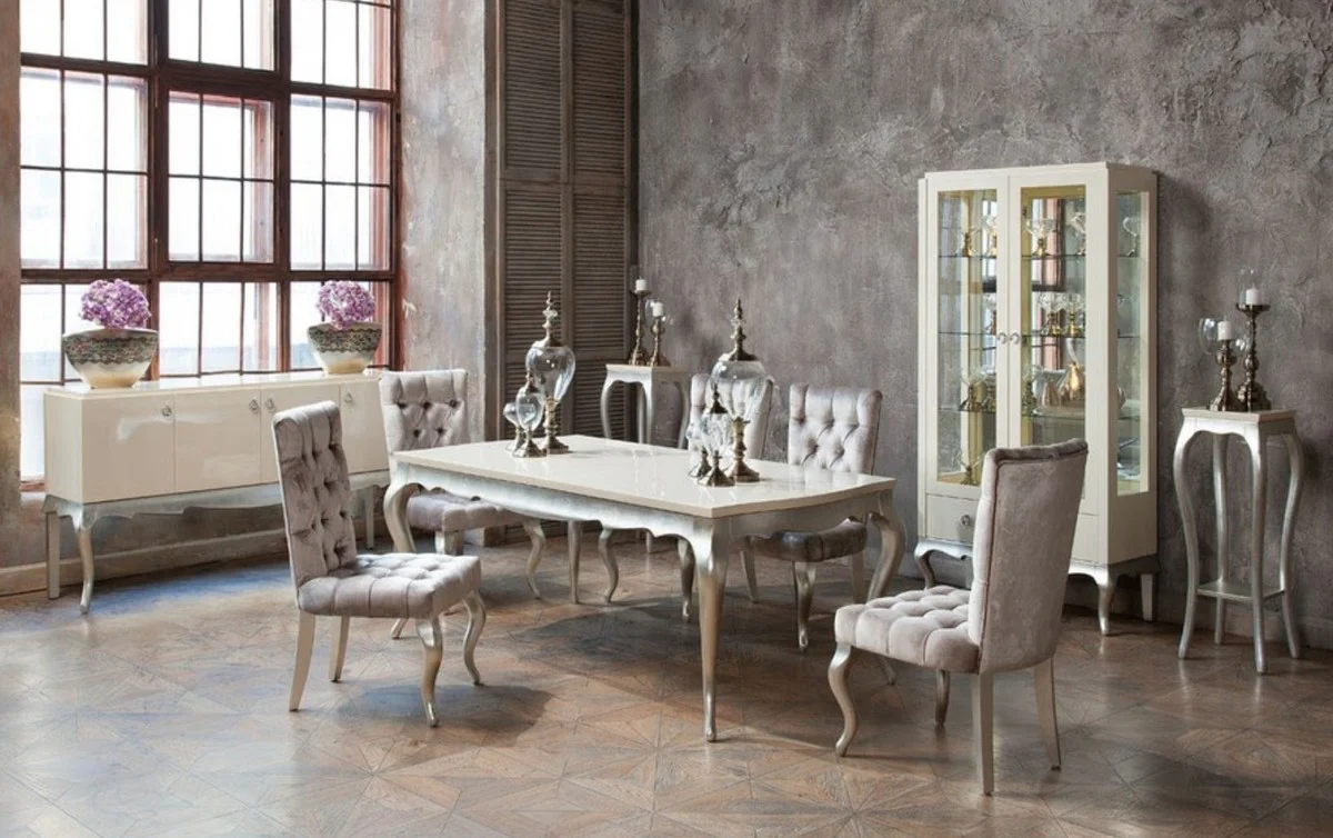 Art Deco Esstisch Creme / Silber 189-240 x 108 x H. 76 cm - Ausziehbarer Massivholz Küchentisch - Art Deco Esszimmer Möbel