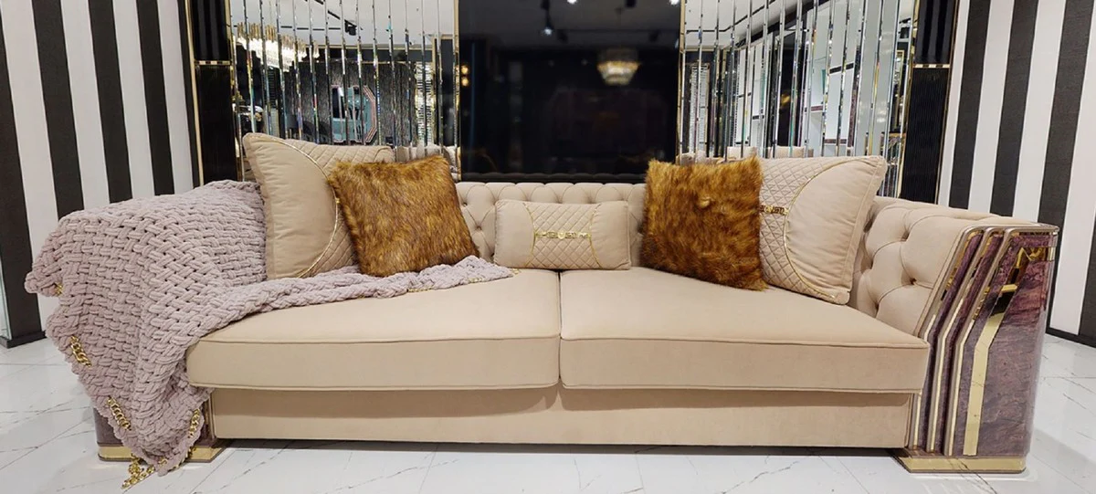 Luxus Art Deco Chesterfield Sofa Beige / Lila / Grau / Gold - Edles Wohnzimmer Sofa mit Marmoroptik - Luxus Art Deco Wohnzimmer & Hotel Möbel