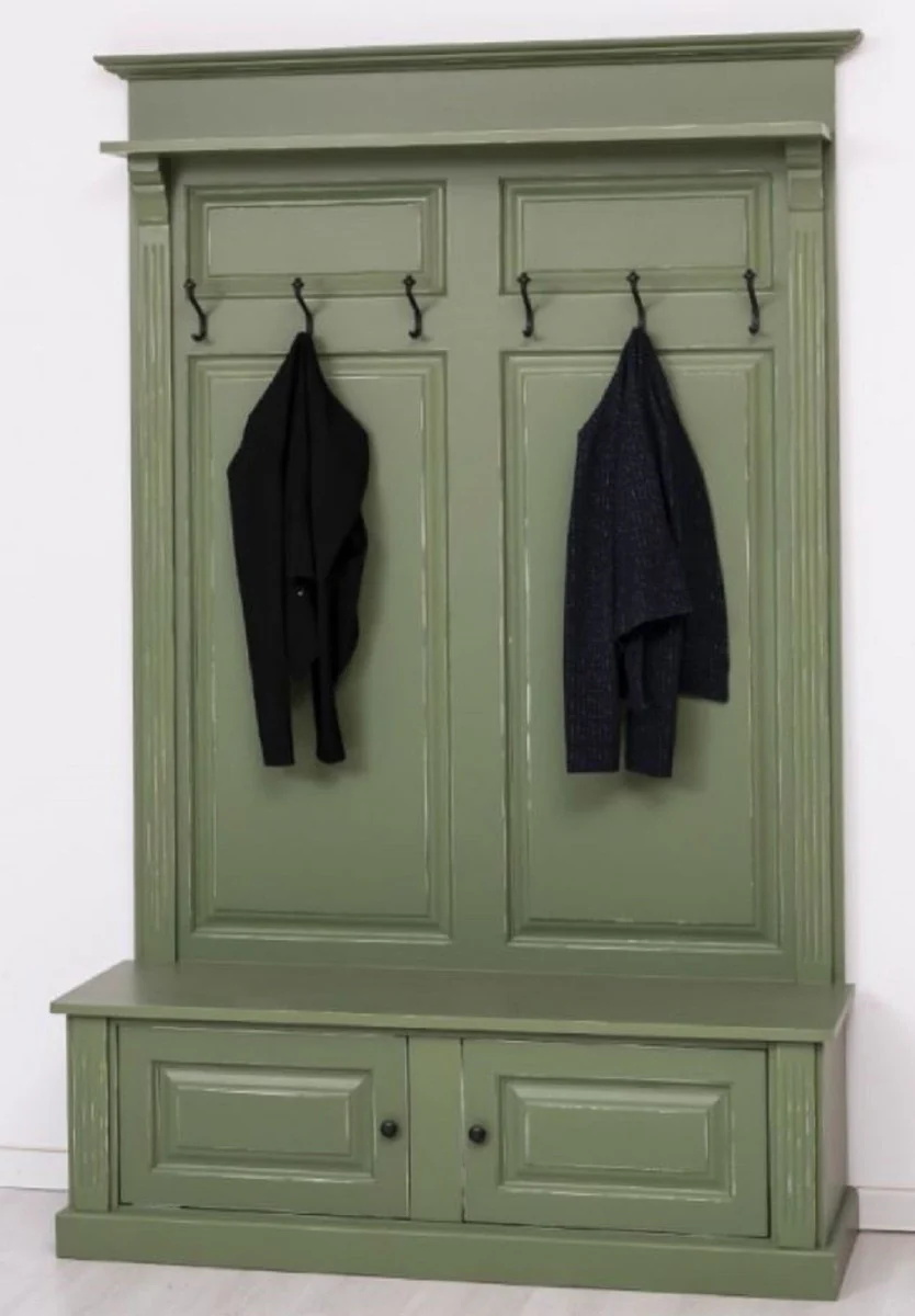 Landhausstil Massivholz Garderobenschrank Antik Grün 140 x 41 x H. 210 cm - Wand Garderobe - Flur Schrank - Flurmöbel - Garderobenmöbel - Landhausstil Möbel