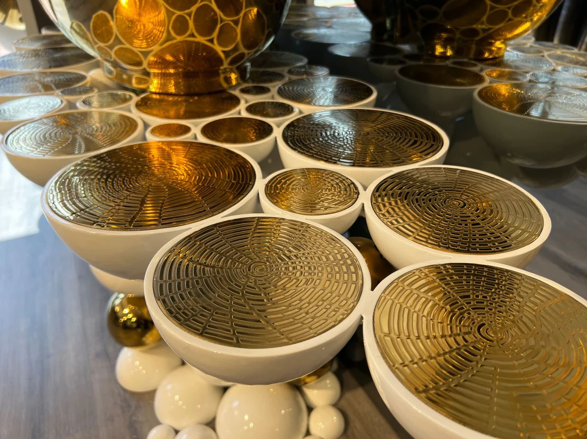 Luxus Designer Badezimmer Set Weiß / Gold 150 x 58 x H. 70 cm - 1 Waschtisch mit Waschbecken und Armatur - Badezimmer Möbel - Luxus Möbel - Designer Möbel