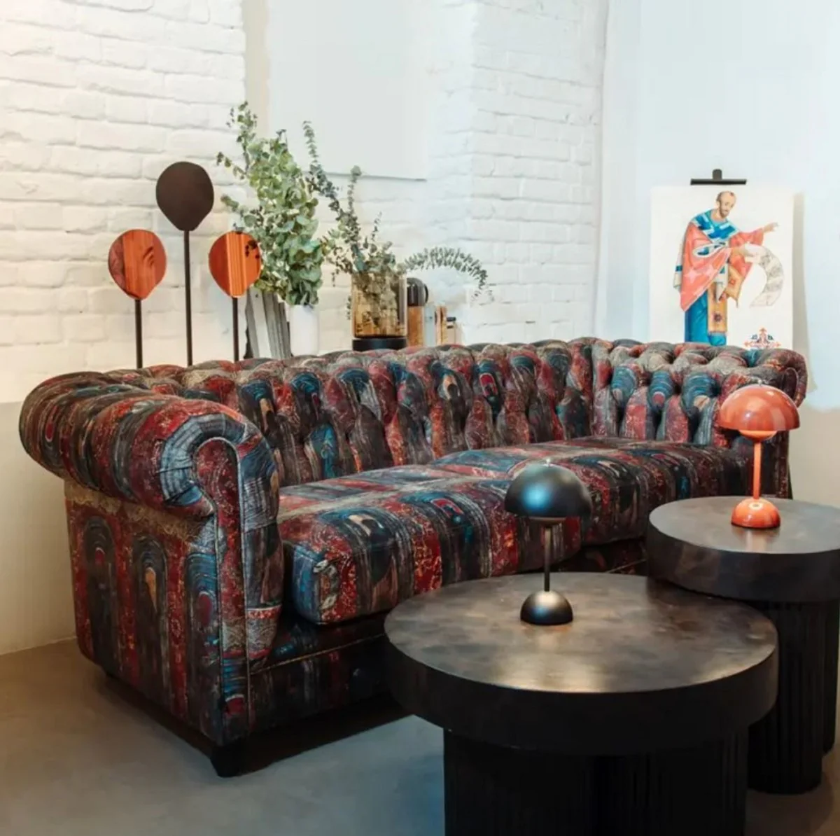 Luxus Chesterfield Samt Sofa Mehrfarbig / Schwarz 220 x 96 x H. 78 cm - Wohnzimmer Sofa - Hotel Sofa - Wohnzimmer Möbel - Chesterfield Möbel - Luxus Möbel - Luxus Einrichtung