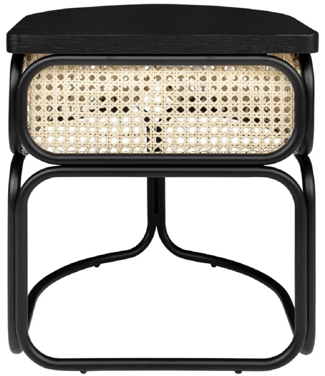 Designer Couchtisch Schwarz / Naturfarben 50 x 40 x H. 45,5 cm - Wohnzimmertisch mit Eichenfurnier Tischplatte edlem Rattangeflecht und pulverbeschichtetem Stahlrahmen