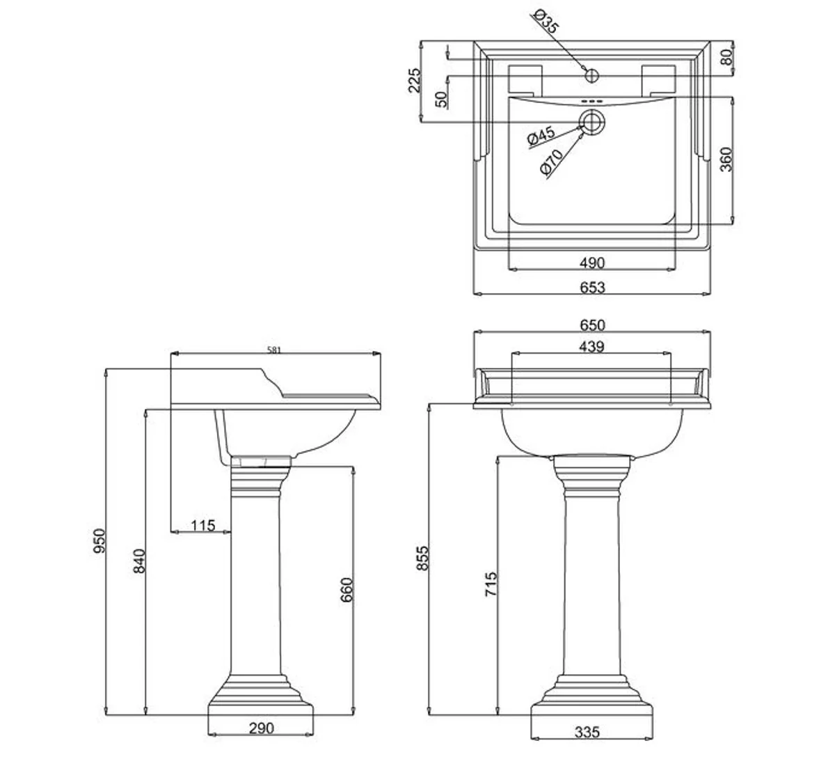 Porzellan Waschbecken mit Sockel 65 x 57,5 x H. 95 cm - Antik Stil Waschbecken