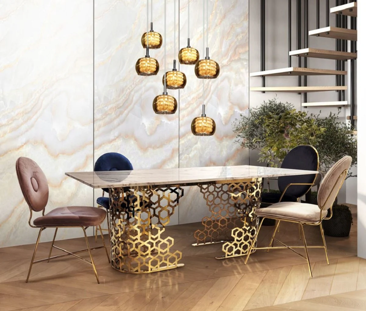 Luxus Esstisch Weiß / Gold 200 x 100 x H. 76 cm - Esszimmer Tisch mit Kunstmarmor Tischplatte - Esszimmer Möbel - Luxus Möbel - Luxus Einrichtung