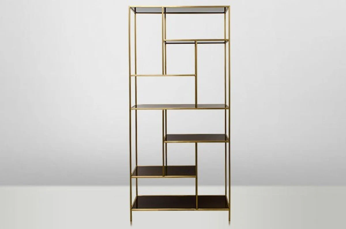 Art Deco Luxus Regal Schrank Edelstahl Gold mit getönten Glasböden H210 x 98 x 35 cm - Bücherregal Regal Schrank - Jugendstil Möbel