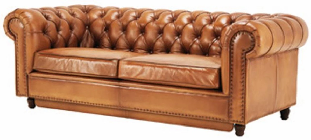 Luxus Chesterfield Echtleder Schlafsofa Hellbraun / Braun 220 cm - Echtleder Möbel