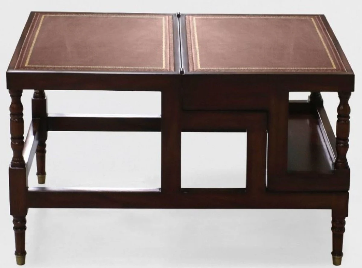 Luxus Jugendstil Couchtisch Dunkelbraun / Bordeauxrot / Gold - Ausklappbare Massivholz Bibliothekstreppe mit Echtleder - Jugendstil Wohnzimmer Möbel - Edel & Prunkvoll