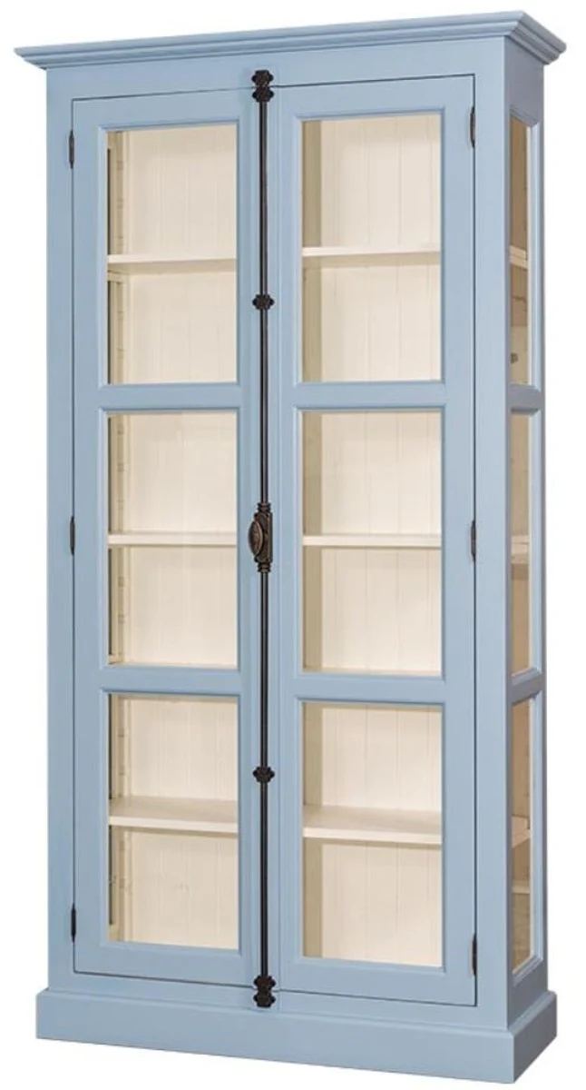 Landhausstil Vitrine Hellblau / Cremefarben 109 x 40 x H. 210 cm - Massivholz Schrank mit 2 Glastüren - Vitrinenschrank - Landhausstil Möbel