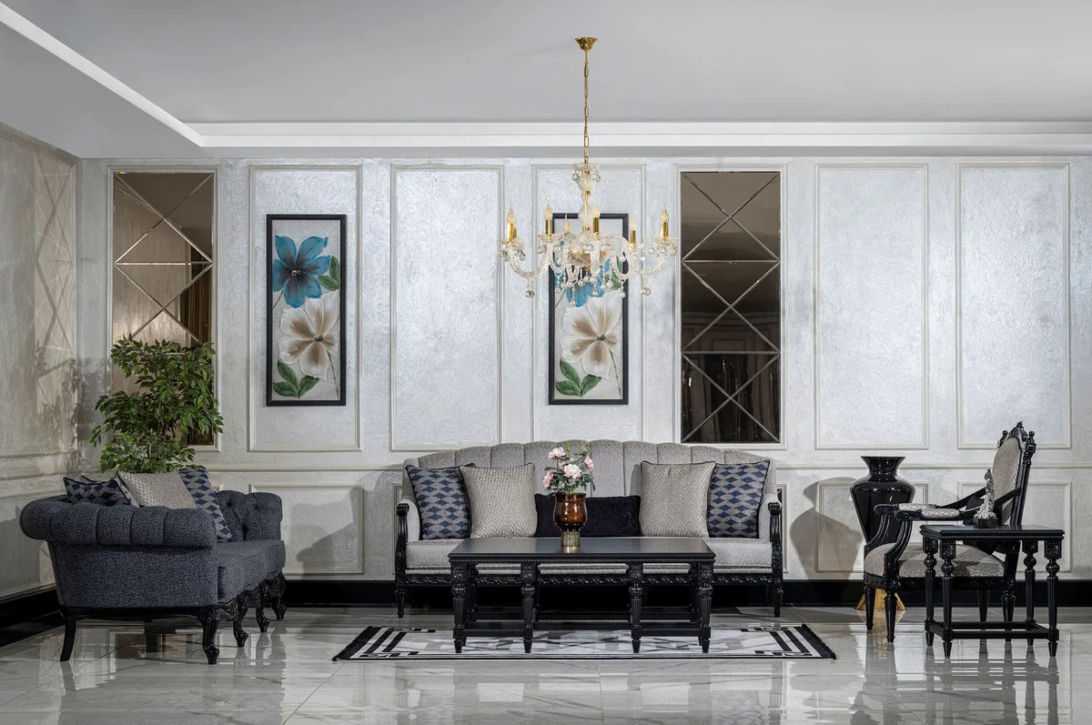 Luxus Barock Wohnzimmer Sofa Silber / Schwarz - Handgefertigtes Barockstil Sofa mit dekorativen Kissen - Barock Möbel - Luxus Wohnzimmer Möbel im Barockstil - Edel & Prunkvoll