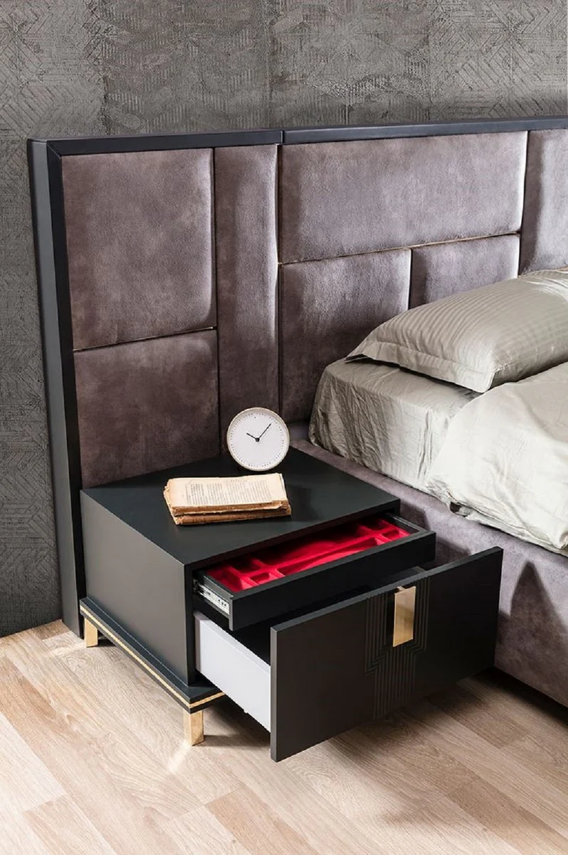 Luxus Massivholz Schlafzimmer Set Lila / Schwarz / Gold - 1 Doppelbett mit Kopfteil & 2 Nachttische - Luxus Schlafzimmer Möbel