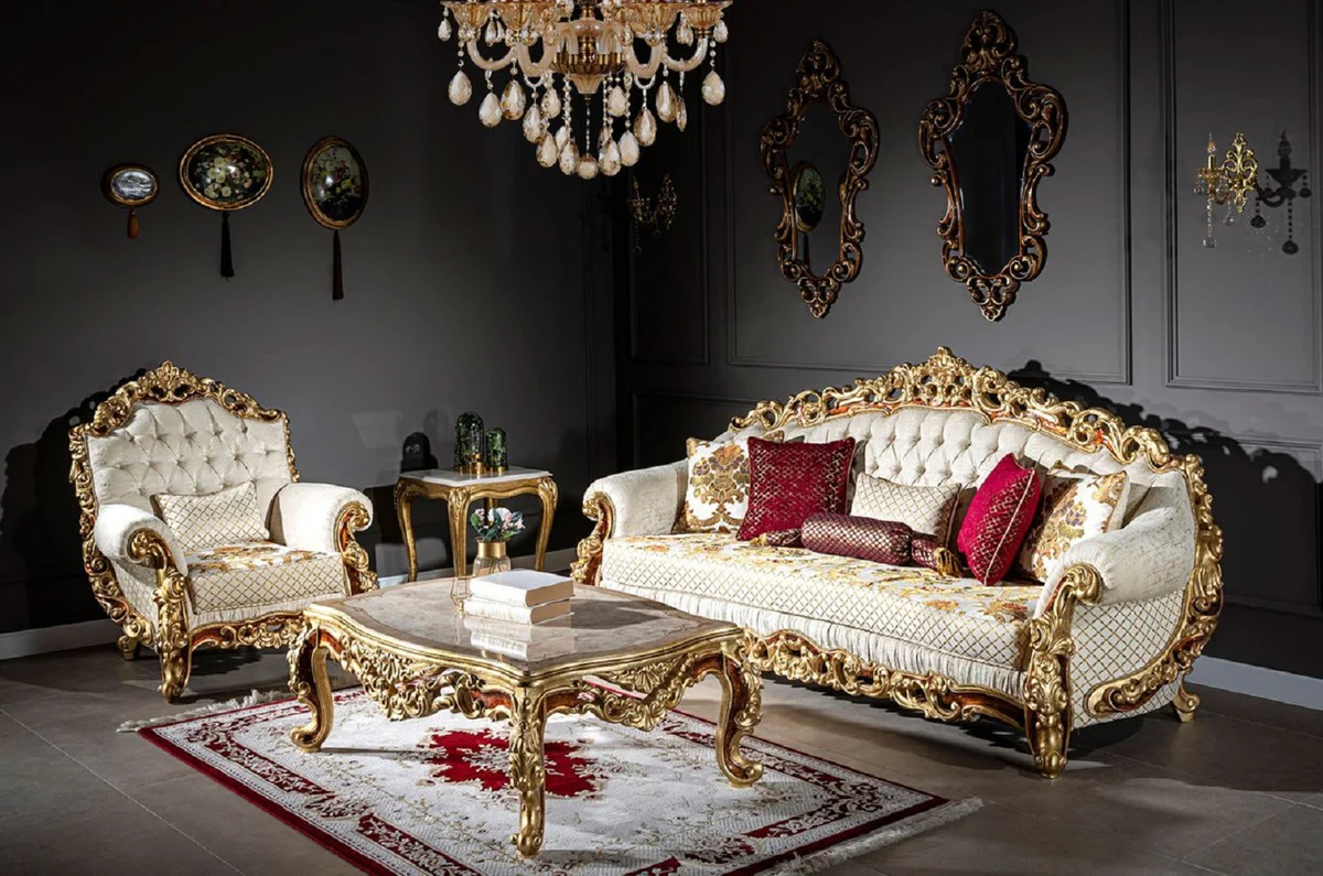 Luxus Barock Couchtisch Beige / Creme / Gold / Braun - Prunkvoller Massivholz Wohnzimmertisch im Barockstil - Prunkvolle Barock Möbel