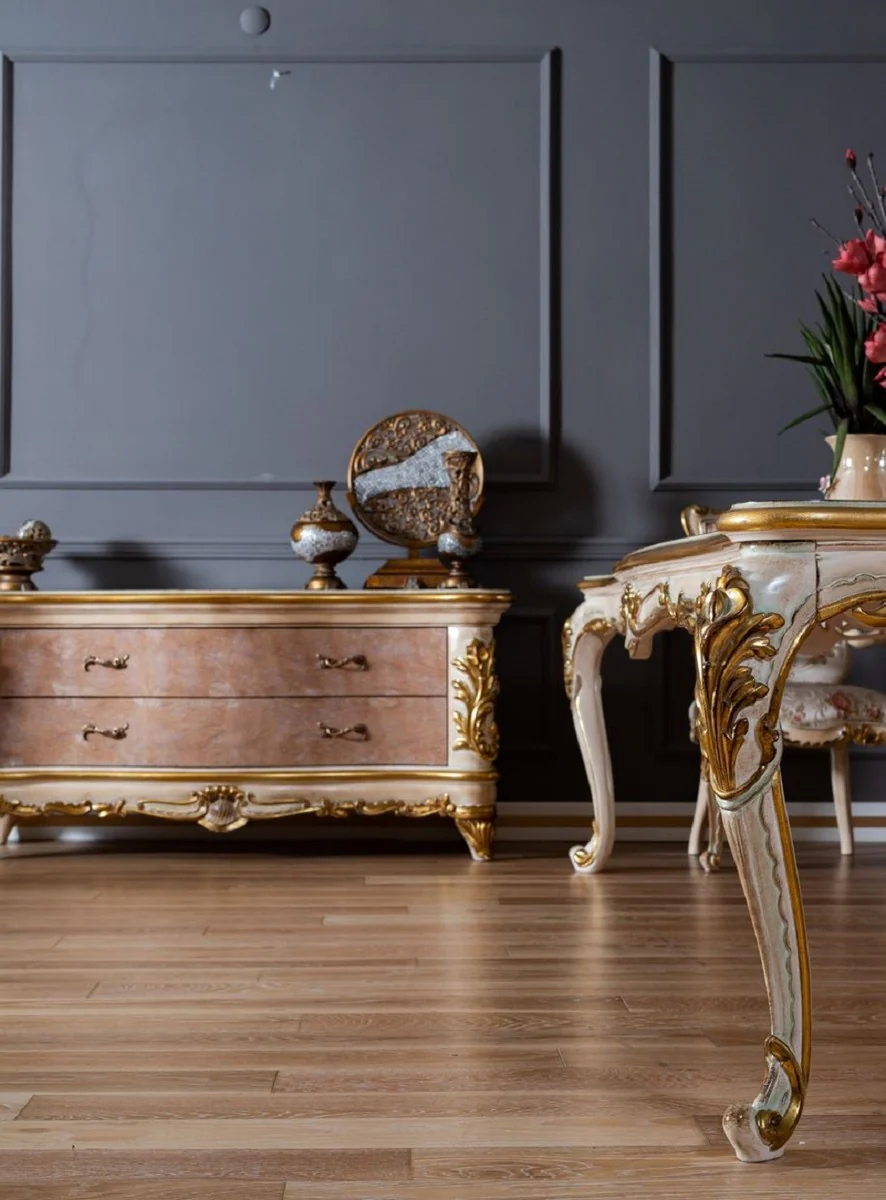 Luxus Barock Kommode Beige / Weiß / Gold - Prunkvoller Massivholz Schrank mit 2 Schubladen - Barock Möbel