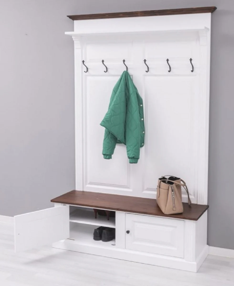 Landhausstil Massivholz Garderobenschrank Weiß / Dunkelbraun 140 x 41 x H. 210 cm - Wand Garderobe - Flur Schrank - Flurmöbel - Garderobenmöbel - Landhausstil Möbel