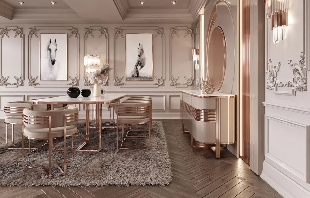 Luxus Esszimmer Stuhl Set mit Armlehnen Grau / Kupfer 58 x 51 x H. 76 cm - Küchen Stühle 8er Set - Esszimmer Möbel - Restaurant Möbel - Luxus Möbel - Luxus Einrichtung