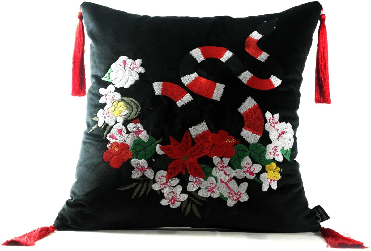 Luxus Deko Kissen mit Troddeln Snake Schwarz / Mehrfarbig 45 x 45 cm - Feinster Samtstoff - Luxus Qualität