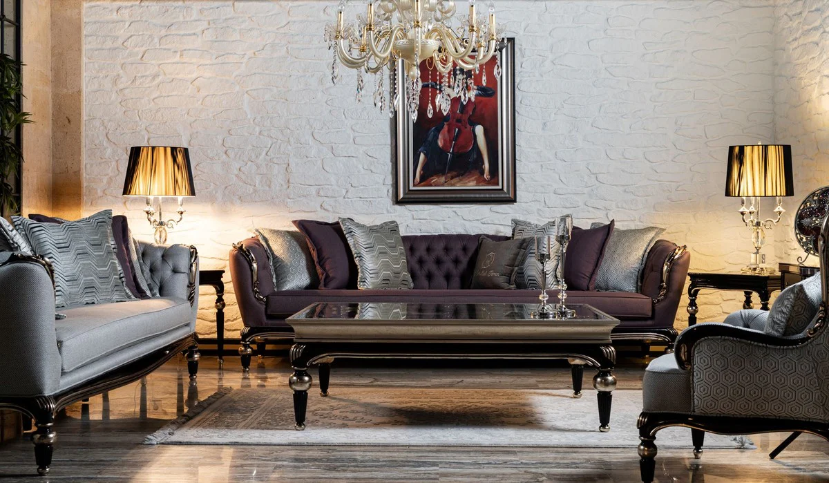 Luxus Barock Sofa Lila / Schwarz / Silber - Handgefertigtes Wohnzimmer Sofa - Barock Wohnzimmer Möbel