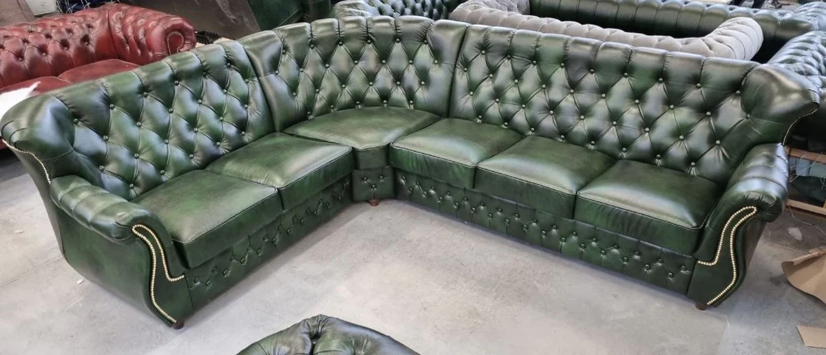 Luxus Chesterfield Leder Ecksofa Vintage Grün 290 x 240 x H. 80 cm - Echtleder Wohnzimmer Sofa - Wohnzimmer Möbel - Chesterfield Möbel - Luxus Möbel - Luxus Wohnzimmer Einrichtung