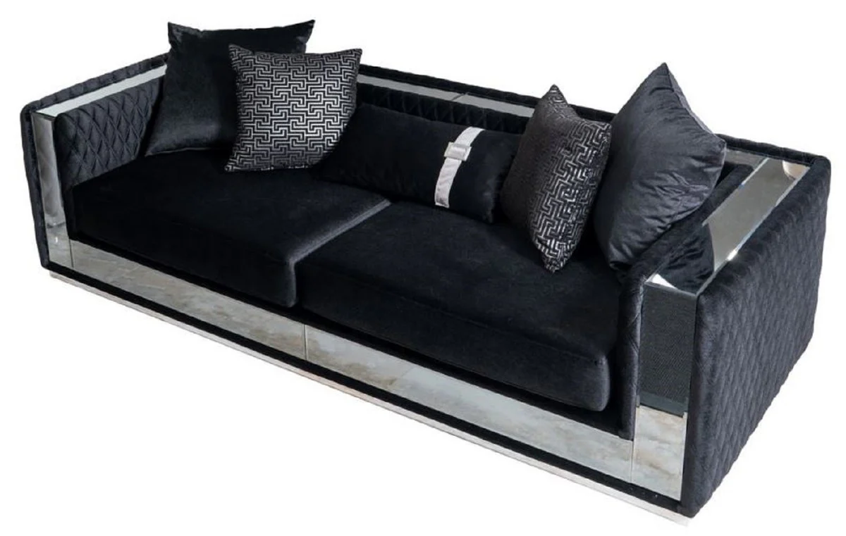 Luxus 3er Sofa Schwarz / Siber 220 x 90 x H. 70 cm - Verspiegeltes Wohnzimmer Sofa - Hotel Sofa - Wohnzimmer Möbel - Hotel Möbel - Luxus Möbel