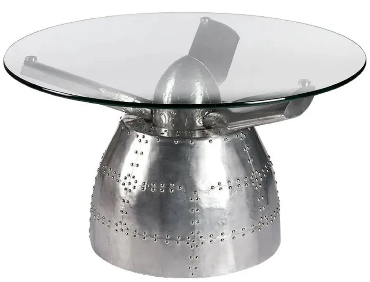 Luxus Couchtisch Flugzeug Propeller Silber Ø 90 x H. 51 cm - Runder Aluminium Wohnzimmertisch mit Glasplatte - Aluminium Flugzeug Flieger Möbel - Wohnzimmer Möbel - Luxus Möbel