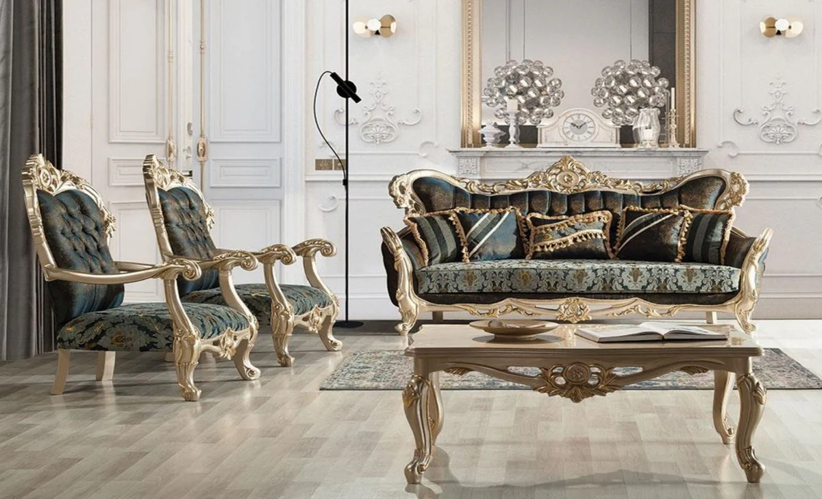 Luxus Barock Wohnzimmer Set Dunkelblau / Türkis / Silber / Gold - 2 Barock Sofas mit Muster & 2 Barock Sessel mit Muster & 1 Barock Couchtisch - Barock Wohnzimmer Möbel