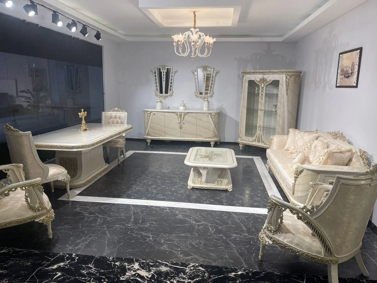 Luxus Barock Vitrine Beige / Grau / Gold - Prunkvoller Massivholz Vitrinenschrank mit 2 Glastüren - Luxus Möbel im Barockstil - Barock Möbel - Edel & Prunkvoll