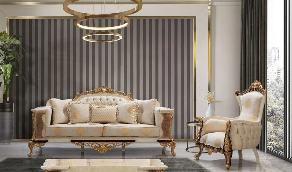 Luxus Barock Sofa Weiß / Beige / Creme / Schwarz / Gold - Barockstil Wohnzimmer Sofa mit elegantem Muster - Luxus Wohnzimmer Möbel im Barockstil - Barock Möbel - Barock Einrichtung