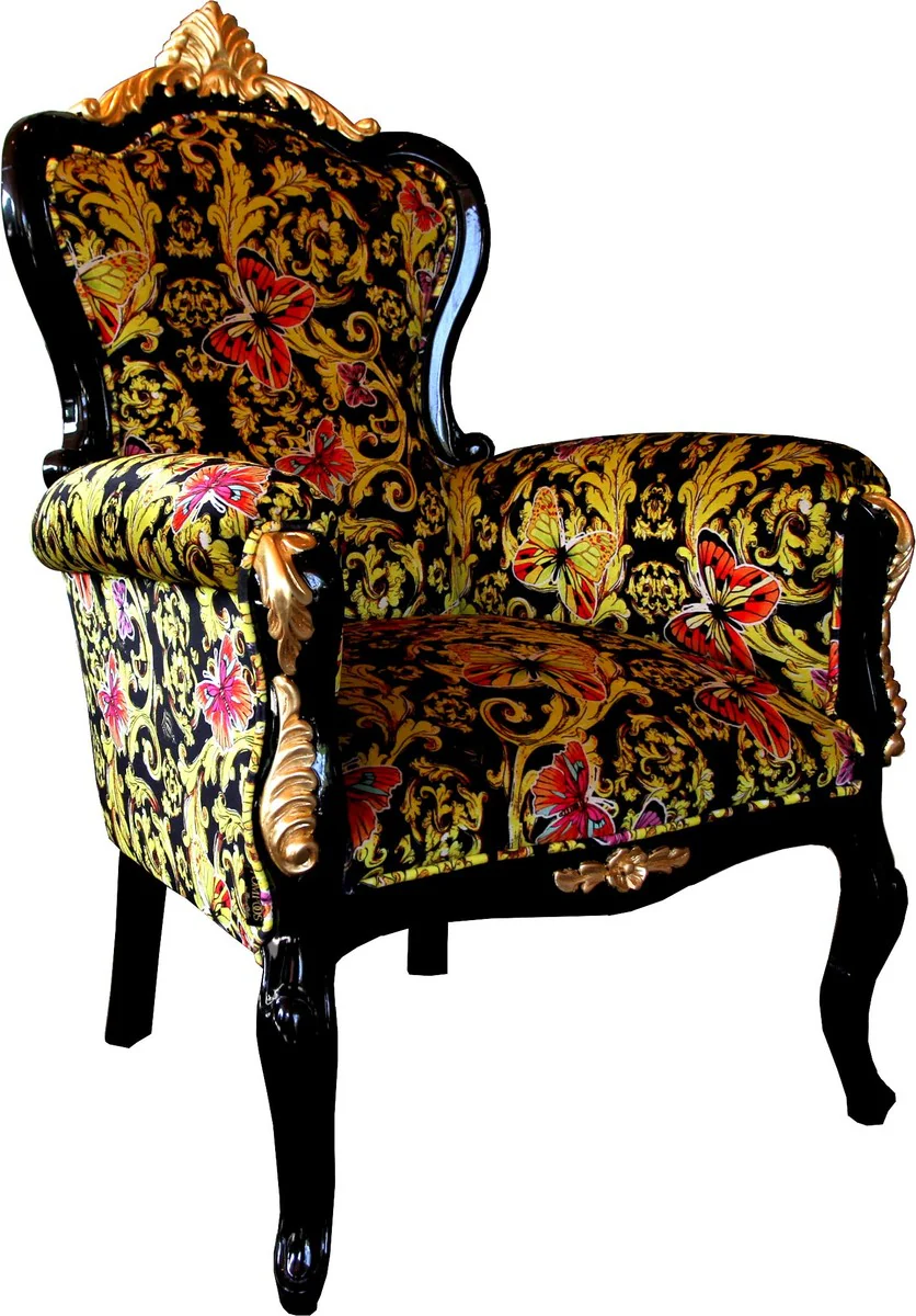 Pompöös by Luxus Barock Sessel Bergere Butterfly & Flower Design / Schwarz / Gold - Pompööser Barock Sessel designed by Harald Glööckler B!