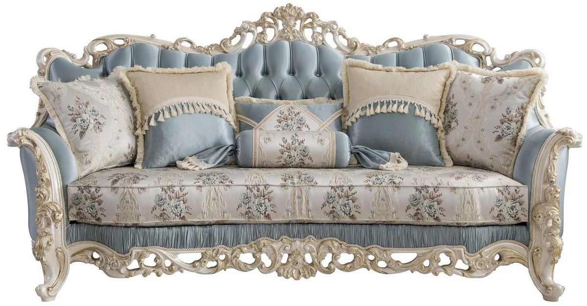 Luxus Barock Wohnzimmer Sofa mit dekorativen Kissen Hellblau / Creme / Weiß / Gold 240 x 90 x H. 120 cm - Edle Barock Wohnzimmer Möbel