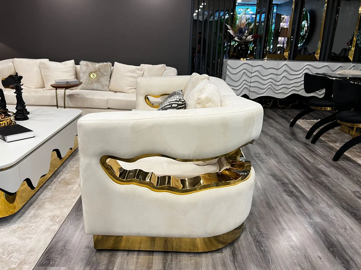 Luxus 2er Sofa Creme / Gold 205 x 100 x H. 77 cm - Wohnzimmer Sofa - Hotel Sofa - Wohnzimmer Möbel - Hotel Möbel - Luxus Möbel - Luxus Einrichtung - Wohnzimmer Einrichtung