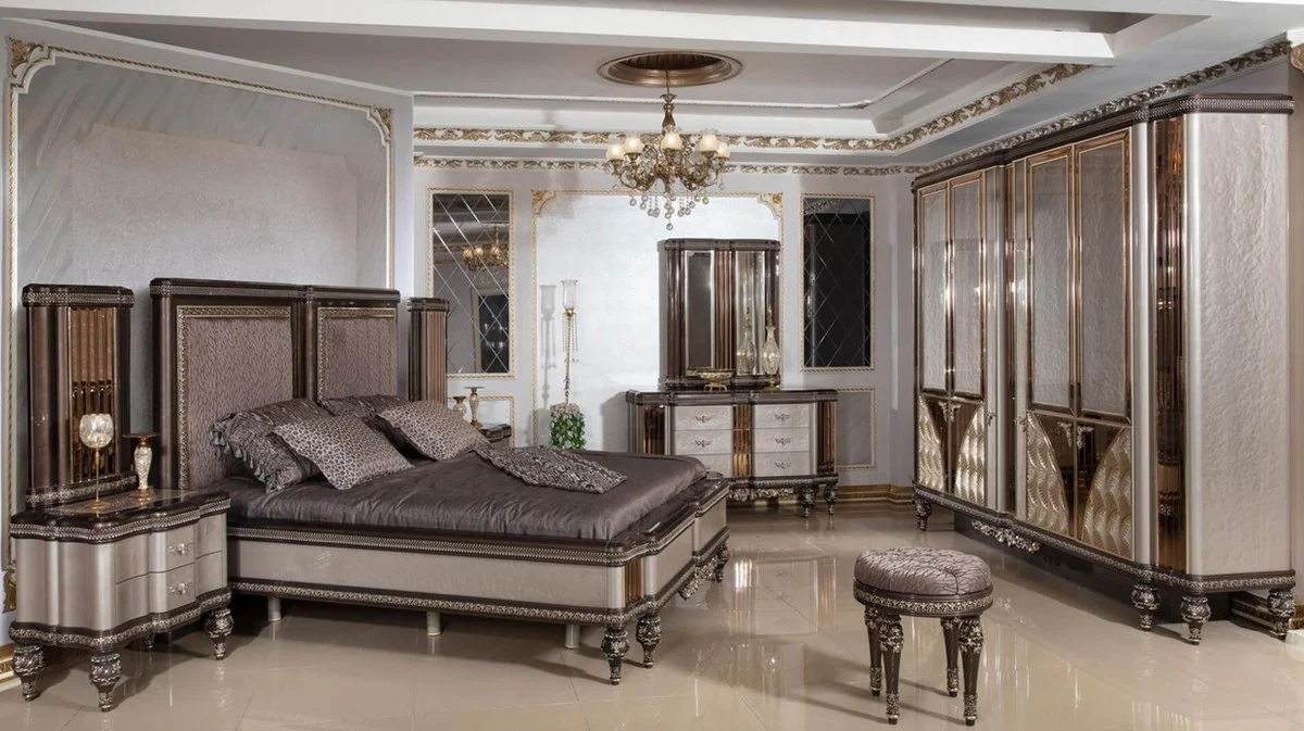 Luxus Barock Doppelbett Grau / Dunkelbraun / Gold - Prunkvolles Massivholz Bett - Luxus Schlafzimmer Möbel im Barockstil - Barock Schlafzimmer Möbel