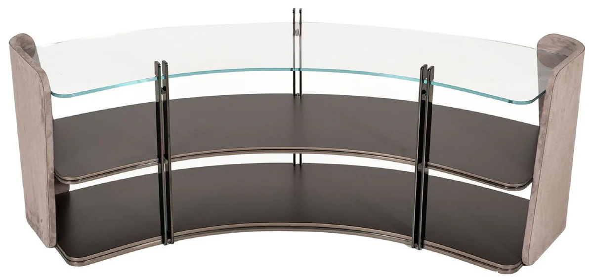 Luxus Regalschrank Grau / Dunkelbraun / Bronze 141,45 x 105,41 x H. 61,5 cm - Gebogener Schrank mit Glasplatte - Wohnzimmer Möbel - Hotel Möbel - Luxus Möbel