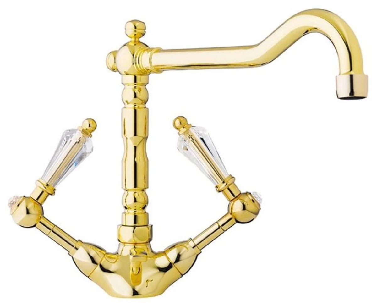 Luxus Jugendstil Waschtisch Armatur mit Swarovski Kristallglas Gold H. 23,5 cm - Nostalgisches Bad Zubehör - Luxus Qualität - Made in Italy