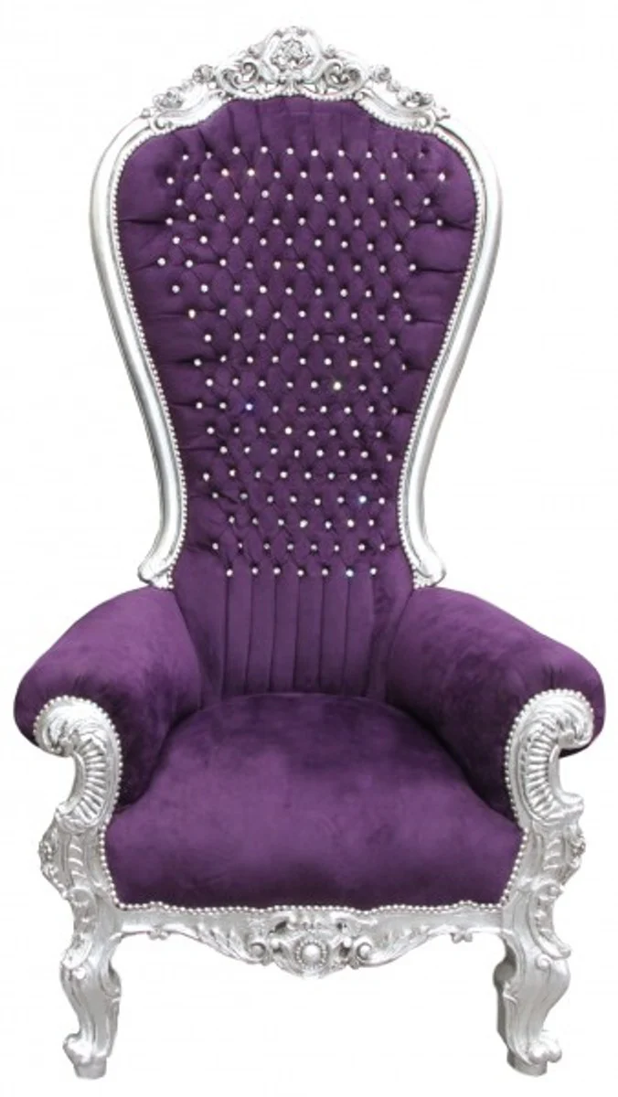 Barock Thron Sessel Majestic Lila/Silber mit Bling Bling Glitzersteinen - Riesensessel -Thron Stuhl Tron