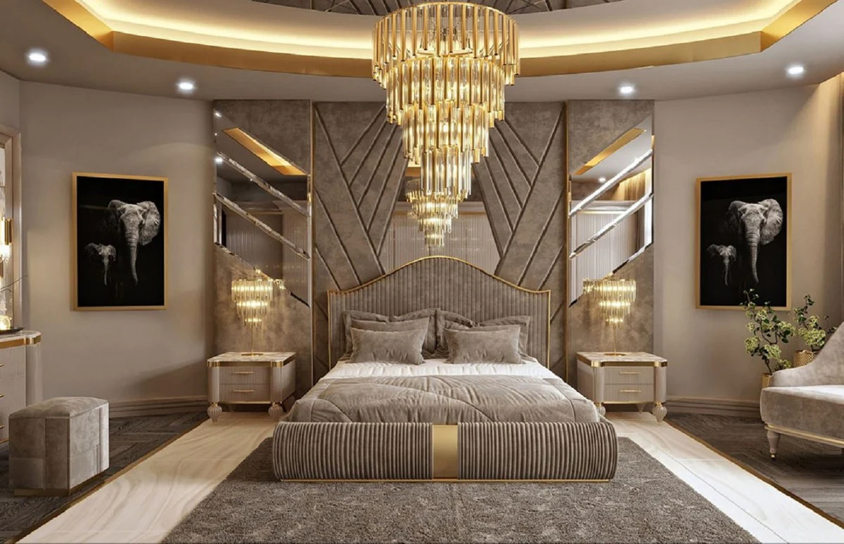 Luxus Art Deco Schlafzimmer Set Grau / Weiß / Gold - 1 Doppelbett mit Kopfteil & 2 Nachttische - Art Deco Schlafzimmer & Hotel Möbel - Luxus Kollektion