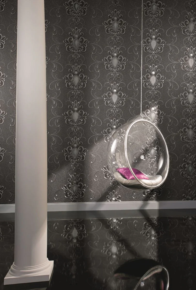 Harald Glööckler Designer Barock Vliestapete 58560 - Ornamente mit Strasssteinen - Grau / Anthrazit