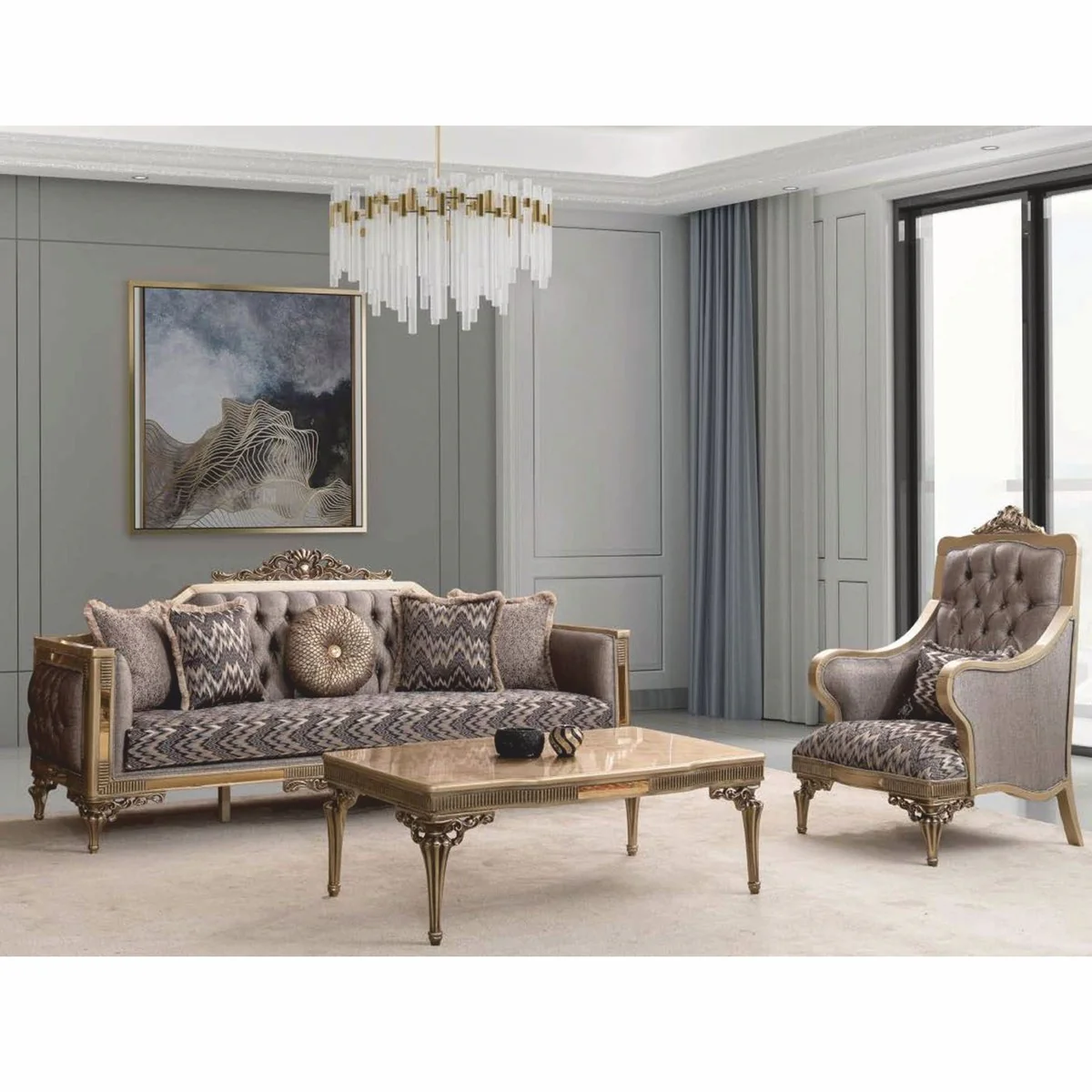 Luxus Barock Massivholz Couchtisch Gold 120 cm - Barock Wohnzimmer Möbel