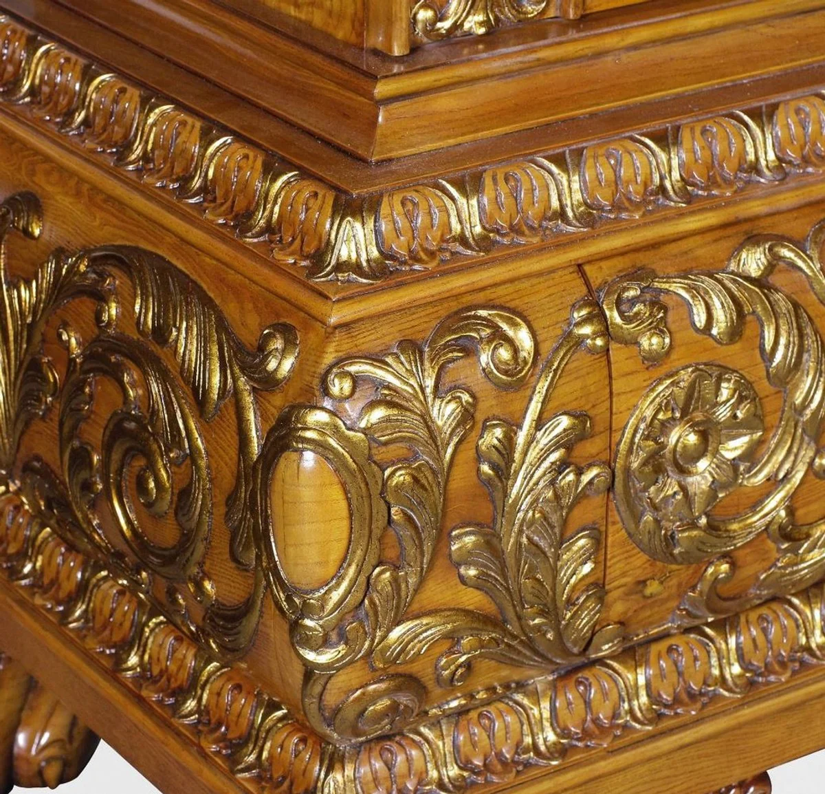 Luxus Wohnzimmerschrank mit LED Beleuchtung Braun / Gold 268 x 58 x H. 189 cm - Massivholz Schrank - Luxus Möbel - Luxus Einrichtung - Wohnzimmer Einrichtung - Luxus Qualität