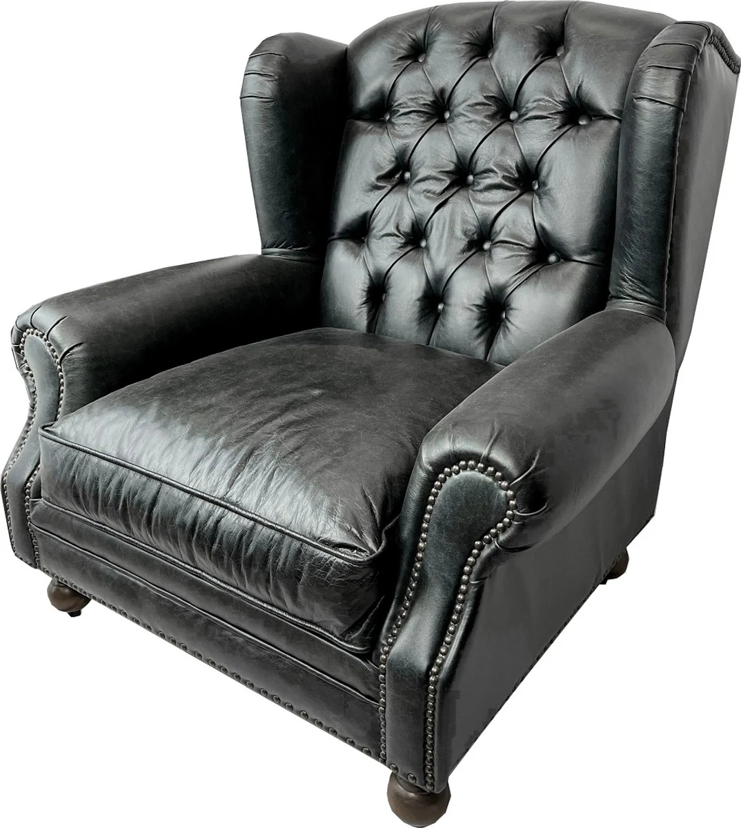 Luxus Chesterfield Leder Ohrensessel Vintage Schwarz / Dunkelbraun - Chesterfield Echtleder Wohnzimmer Sessel - Wohnzimmer Möbel - Chesterfield Möbel - Echtleder Möbel - Luxus Möbel