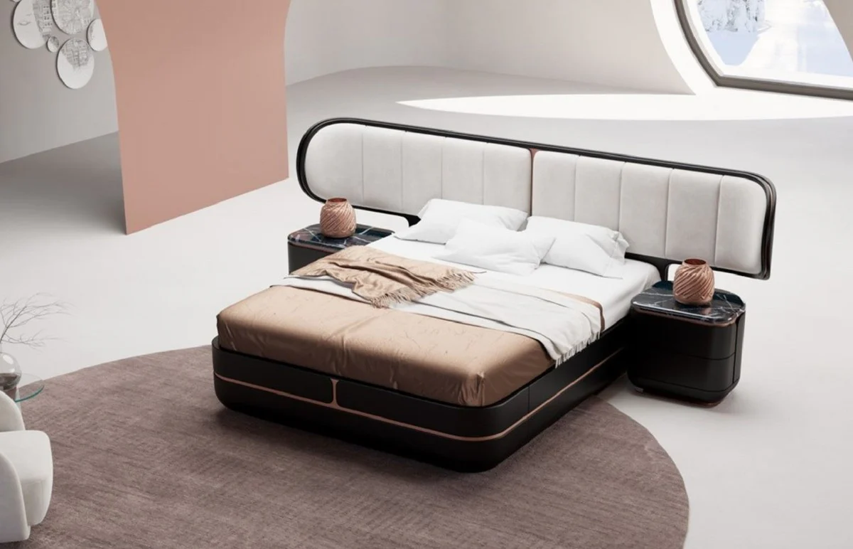Luxus Schlafzimmer Set Grau / Schwarz / Kupfer - 1 Doppelbett mit Kopfteil & 2 Nachtkommoden - Luxus Schlafzimmer Möbel - Luxus Schlafzimmer Einrichtung