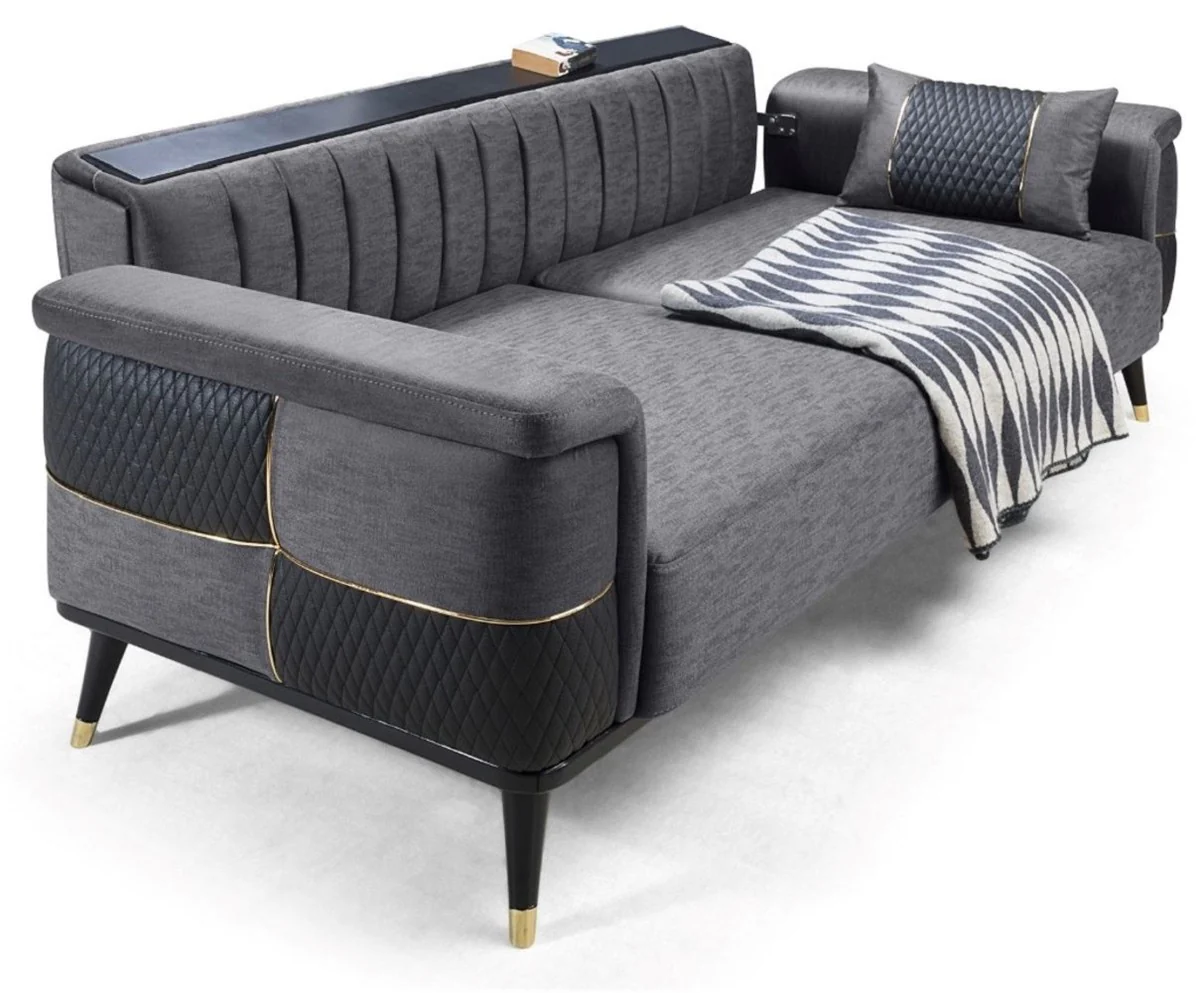 Luxus Schlafsofa Grau / Schwarz / Gold 225 x 94 x H. 83 cm - Modernes Wohnzimmer Sofa - Wohnzimmer Möbel